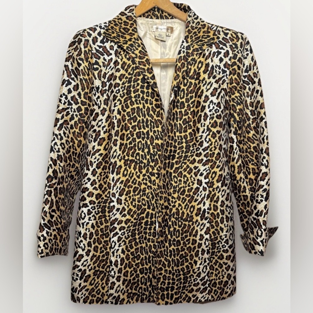 Vintage Silk Leopard Blazer Size 8 Tailored Animal Print Jacket 90s